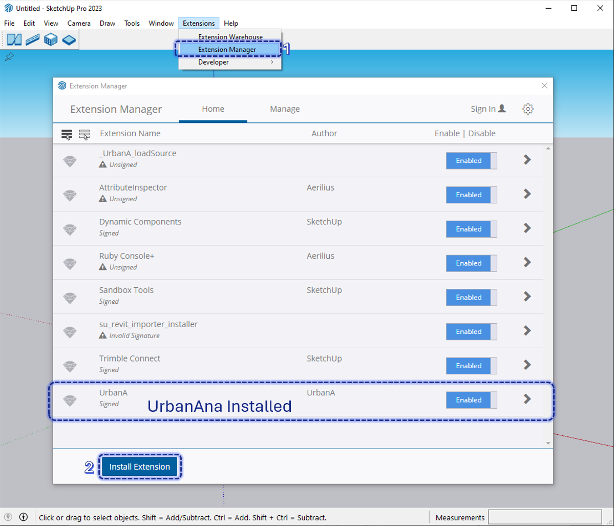 UrbanAna installed in SketchUp Extension Manager with other plugins