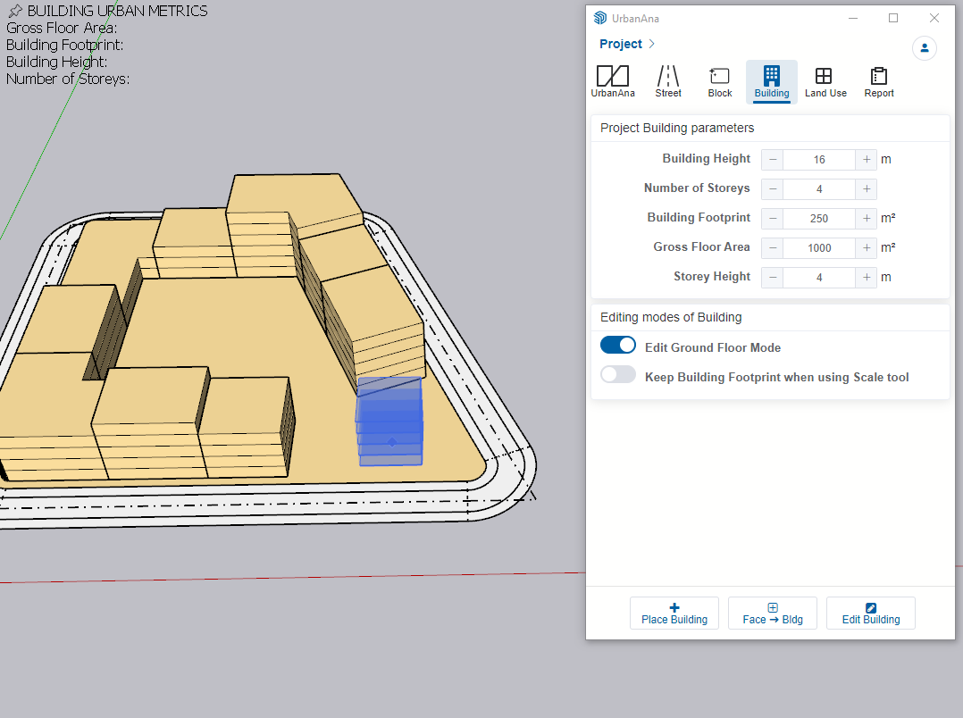 Building creation and editing tools in UrbanAna