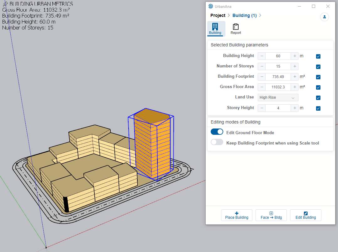 Building parameter adjustment interface in UrbanAna