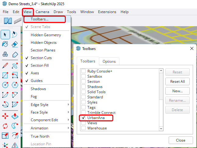 Cách hiển thị thanh công cụ UrbanAna trong menu SketchUp