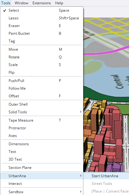 Cách khác để khởi động UrbanAna qua menu Tools của SketchUp