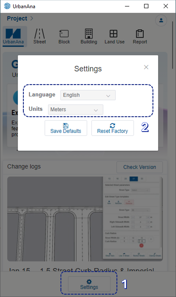 UrbanAna settings panel for language and measurement units configuration