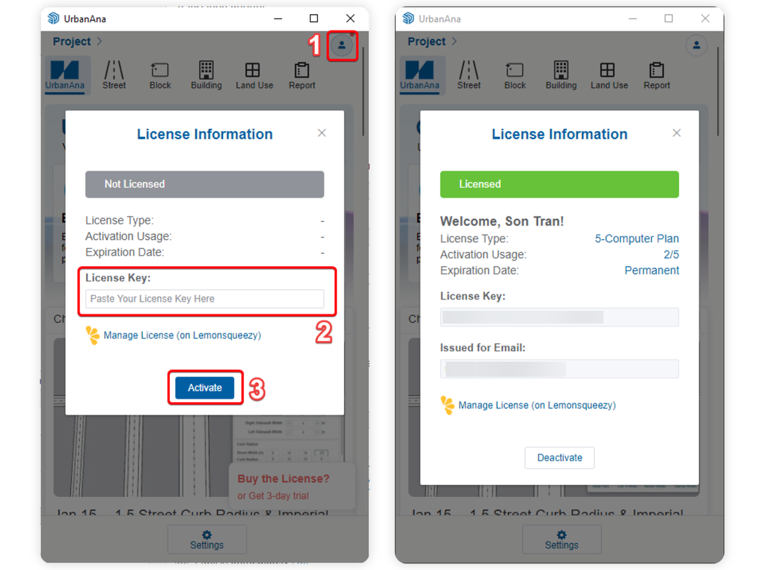 License activation window showing where to enter your UrbanAna license key