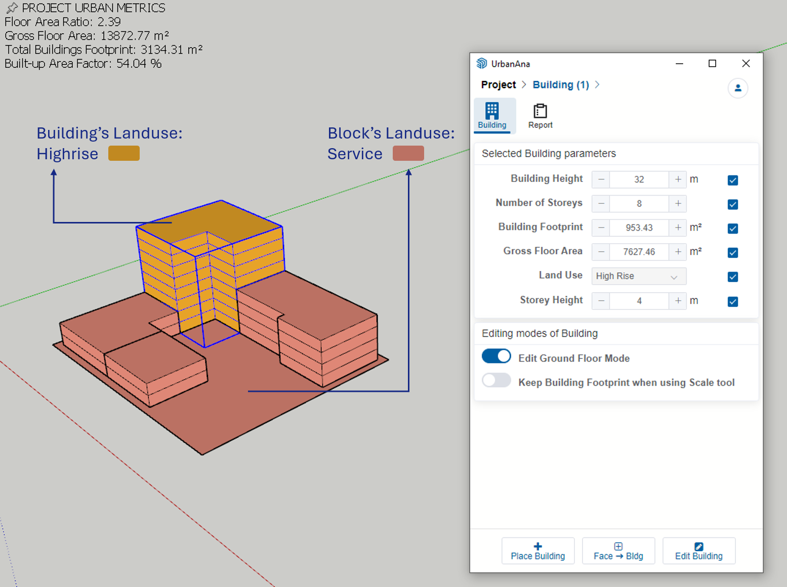 Interface demonstration of changing land use parameters from block level to building level in UrbanAna