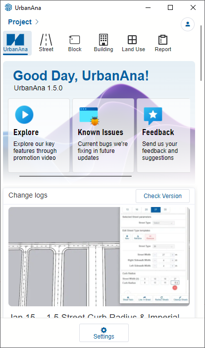 UrbanAna welcome screen showing version info, changelog and settings