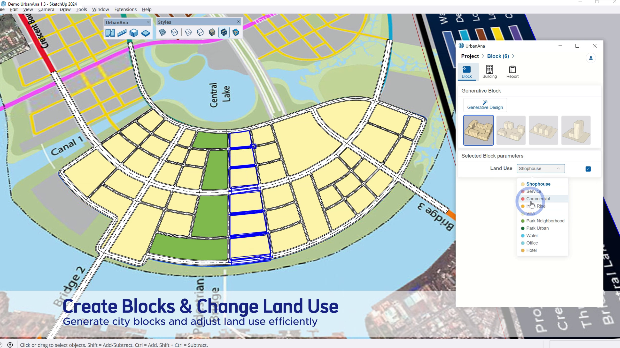 Interface showing the Block Tools button and options in UrbanAna's toolbar for creating and managing urban blocks