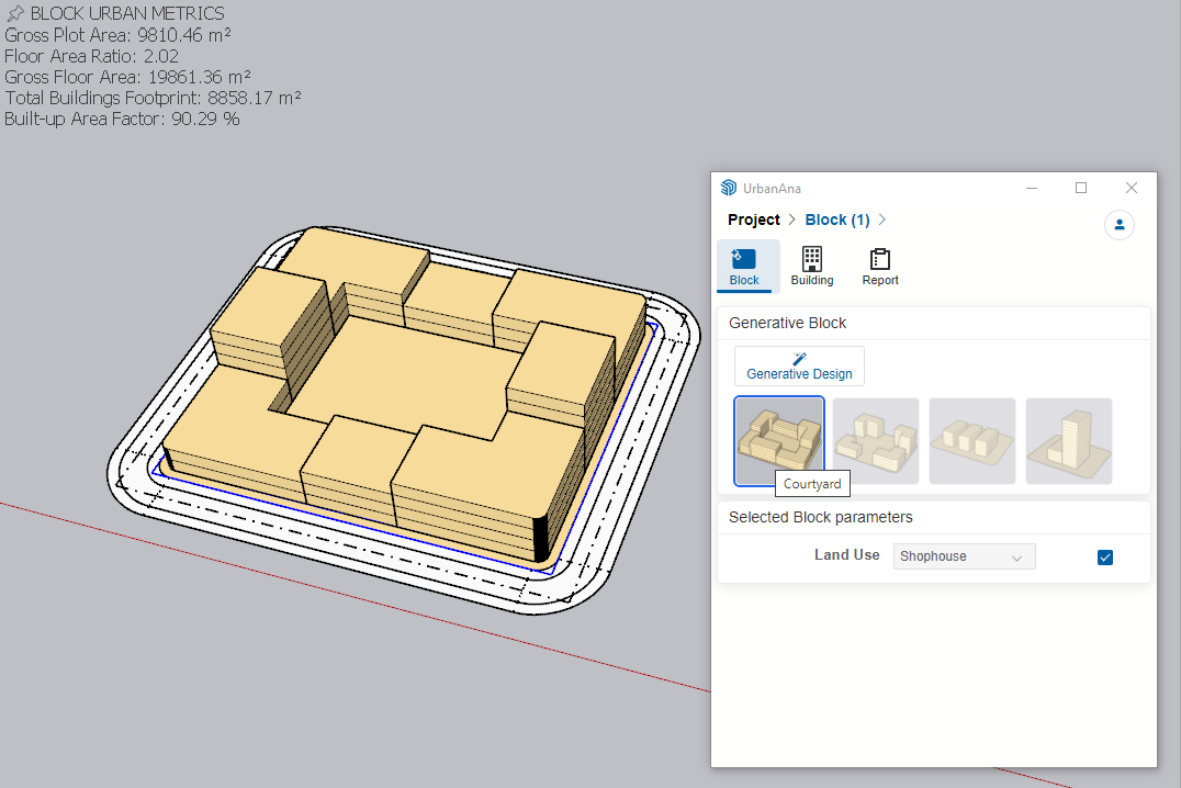 Generative Design panel showing building generation controls and options for populating urban blocks