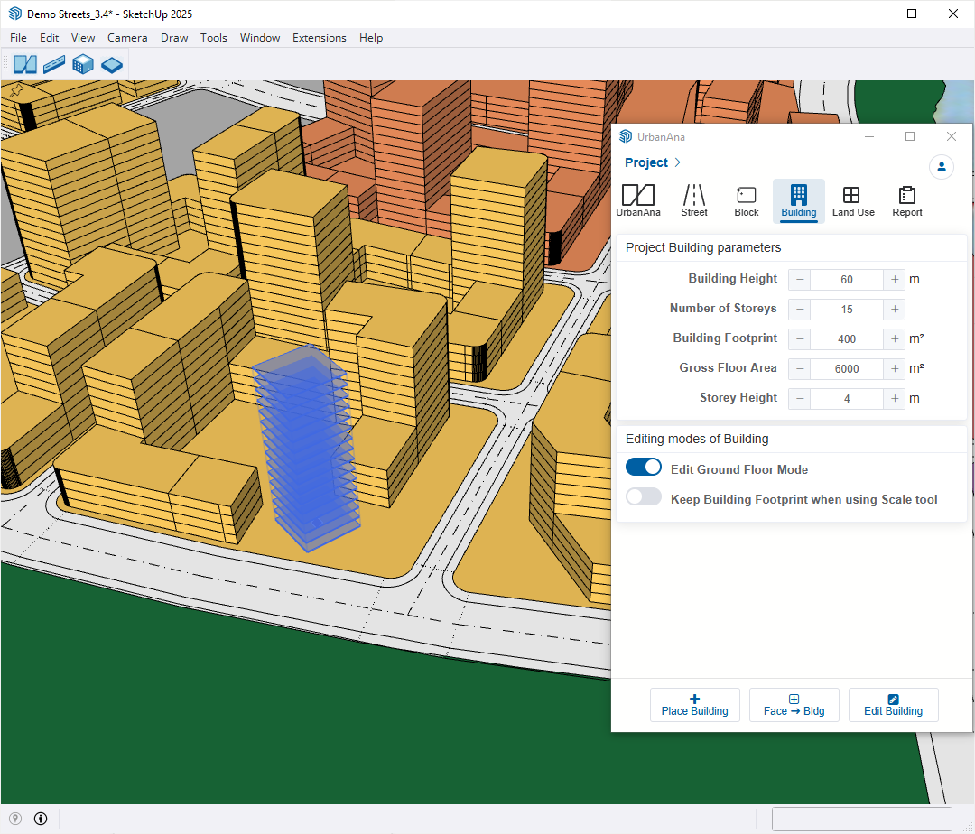 Interface showing UrbanAna's Building Tools button and options for creating and editing buildings