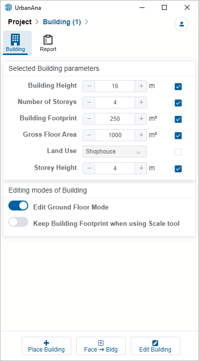 Building parameters panel showing controls for height, stories, footprint and other building properties