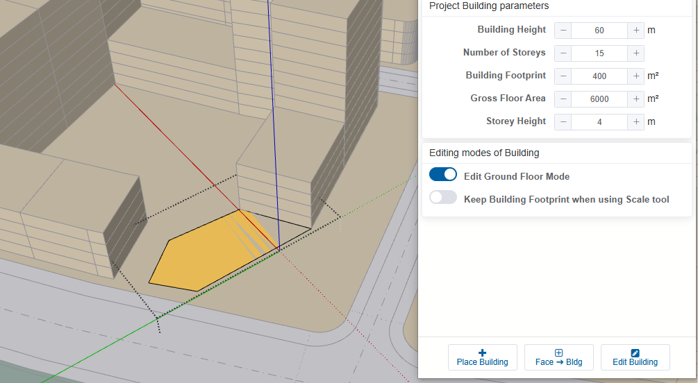 Ground floor editing interface showing options for modifying building base shape