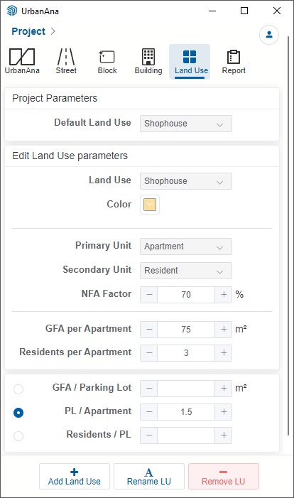 Interface showing UrbanAna's Land Use tab with parameter controls for defining and managing land use types