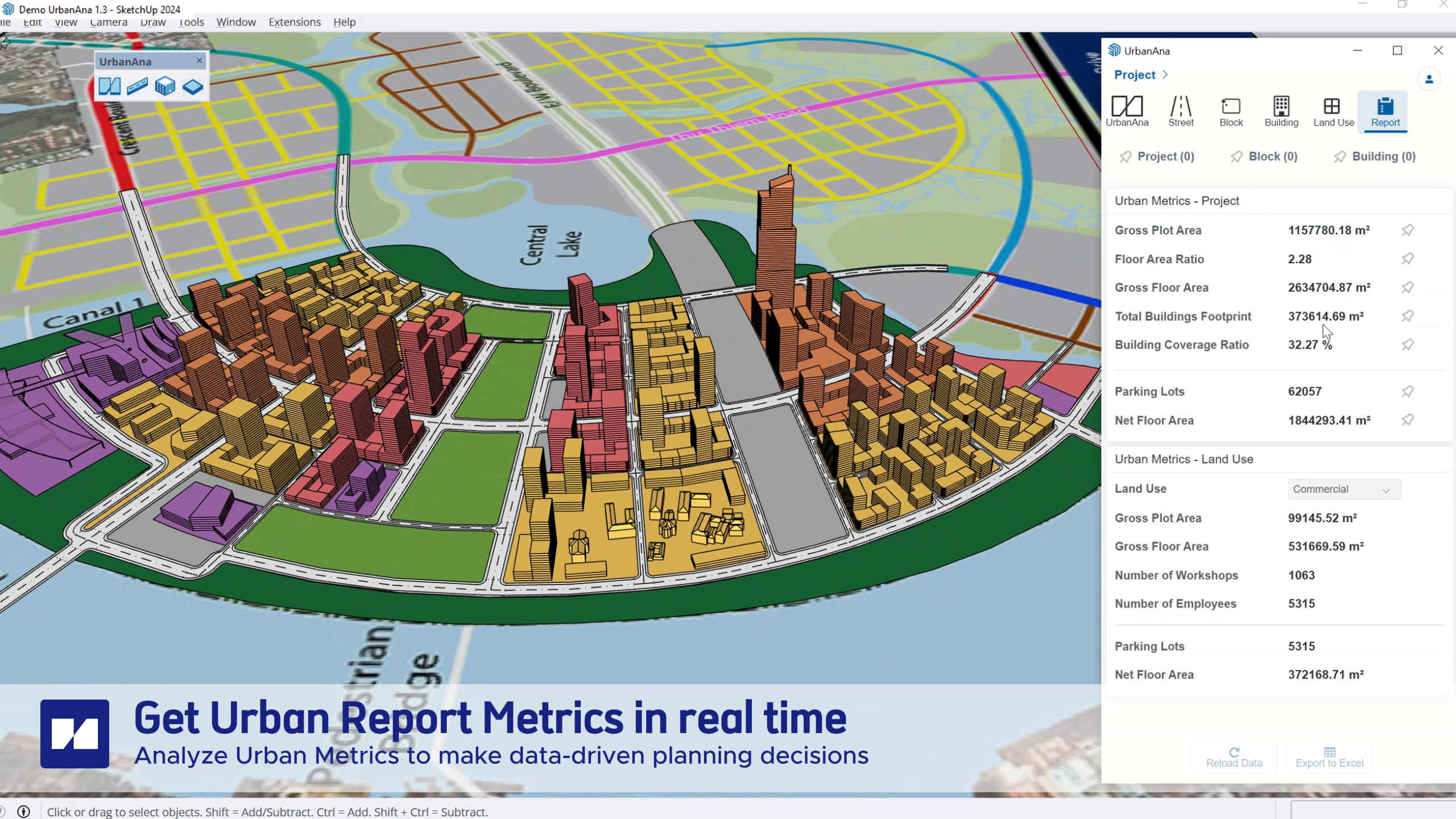 Urban metrics dashboard showing key development statistics and calculations